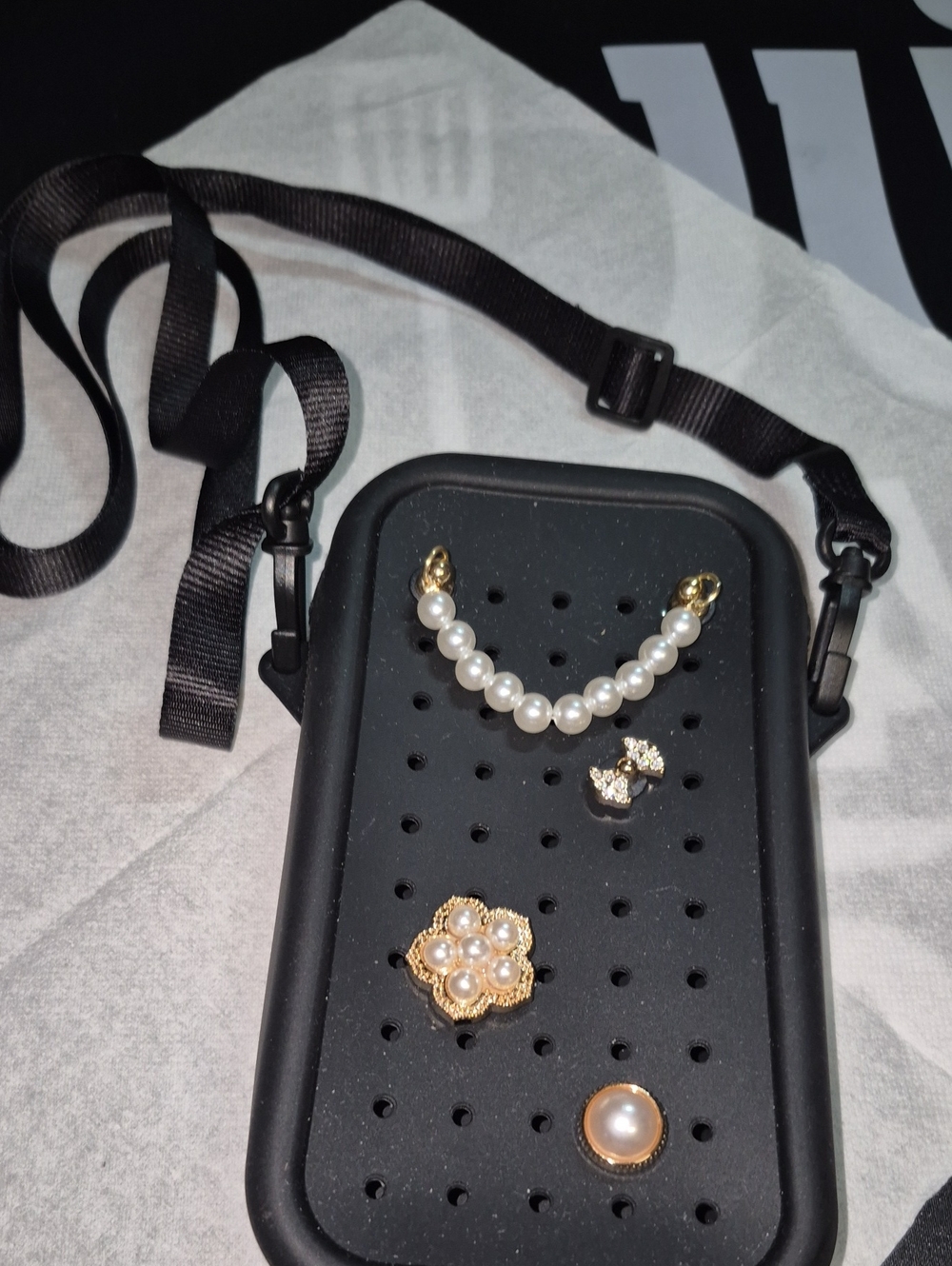 Pearl Accent Crossbody Bag Charm Panel - Black with Pearls